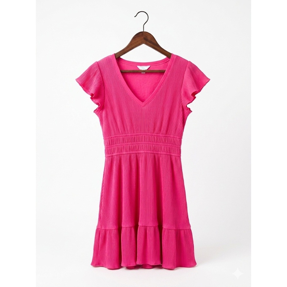 Blu Pepper Pink Barbiecore Crinkle Flutter Sleeve Smocked Waist Mini Dress L